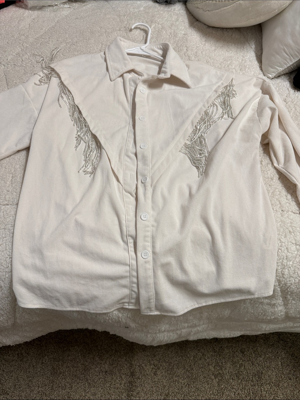 Cream Button-Up Shirt with Silver Beaded Fringe